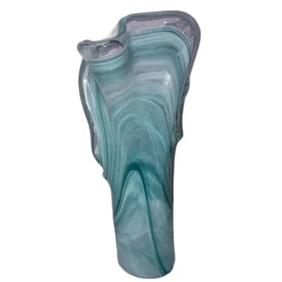 MURANO, Italy-Large, thick glass vase, ocean blue/white swirl colors ruffled top